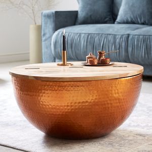 Handgefertigter Couchtisch ORIENT STORAGE 70cm kupfer im Classic Hammerschlag Design Akazie mit Stauraum