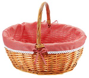 Kobolo Einkaufskorb geflochten Weide - mit Textil ausgeschlagen - rot weiß kariert - 45x34x20 cm -Autokorb Geschenkkorb Picknickkorb Korb Aufbewahrung