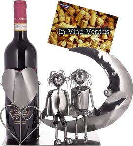 Brubaker Weinflaschenhalter Liebespaar auf dem Mond - Paar Skulptur Metall - Flaschenständer - mit Grußkarte für Weingeschenk
