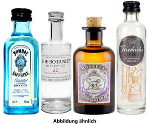 Gin mini 4er Set - Bombay Sapphire London Dry Gin 50ml (40% Vol) + Monkey 47 Schwarzwald Dry Gin 50ml (47% Vol) + The Botanist Islay Dry Gin 50ml (46% Vol) + Friedrichs Dry Gin 4cl (45% Vol)