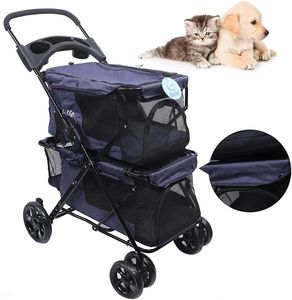 Hundebuggy  Hundewagen Buggy  inkl. Einkaufstasche 2 Schicht Pet Stroller   4 Räder für Hund Und Katze Blau Faltbar  bis 15 kg Haustier Reisen