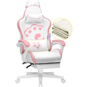 GTPLAYER Gaming-Stuhl mit klappbarer Lordosenstütze und Katzenohren Süße Katze Edition, Ergonomische Gamer Stuhl mit Fußstütze, Computerstuhl Hoher Rü