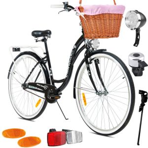 Maltrack mestský bicykel Dreamer s ružovým košíkom, 1 rýchlosť, 28 palcov, zadné svetlá, nosič na batohy, zvonček, mestský bicykel dámsky, čierny