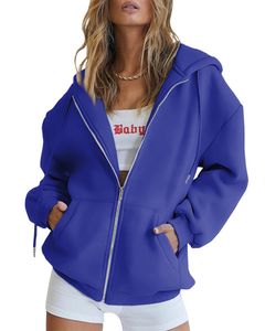 ASKSA Dámská bunda s kapucí Vintage Oversize Sweat Jacket Zip Hoodie Sweatshirt, modrá, XL