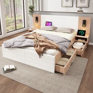 Flieks Doppelbett Holzbett 140x200cm mit Nachttisch, Stauraumbett Jugendbett mit USB, Funktionsbett mit Leselicht und Schubladen, Naturbelassen