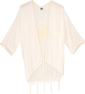 Leichte Offene Sommerbluse, Bestickte Hemdbluse, Ibiza Kimono- Vanille, Damen, Viskose, Blusen & Tunikas