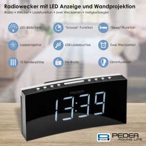 PEDEA FM Radiowecker Projektionswecker Uhr mit dimmbarem Display, Nachtlicht, Snooze, Dual Alarm und Sleep-Timer, schwarz