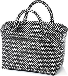 Kobolo Tasche Einkaufskorb geflochten Kunststoff Shopper  - schwarz weiß XXL - 36x22x28 cm