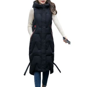 Prošívané vesty bez rukávů Dlouhá vesta Zimní dámské kabáty s kapucí Dlouhá tenká vesta,černá,XL