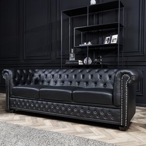 Chesterfield 3-Sitzer Sofa 205cm schwarz Kunstleder Nietenbesatz Federkern