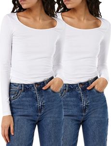 Vero Moda Doppelpack Damen Langarmshirts Basic Slim-Fit Shirt unifarben Rundhals Ausschnitt, VM 908 LS 2xWeiss-XS