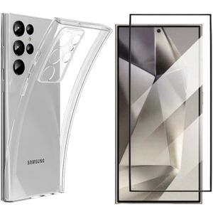 Schutzhülle für Samsung Galaxy S24 Ultra mit Kameraschutz TPU Silikon Case und 9H Full Glas komplett Abdeckung mit Ränder Displayschutzglas