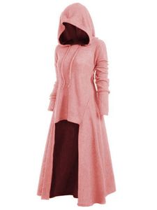 Damen Hexenkostüme Langarm Mittelalter Kleid mit Kapuze Retro Wikinger Kostüm Robe Rosa,Größe L