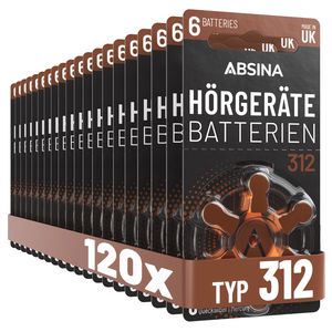 ABSINA 120x Hörgerätebatterien 312 mit gut greifbarer Schutzfolie - Hörgeräte Batterien PR41 ZL3 P312 Zink Luft, 1,45V