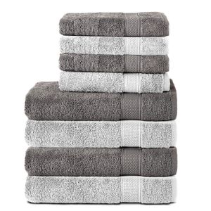 Komfortec 8er Handtuch Set aus 100% Baumwolle, 4 Badetücher 70x140 und 4 Handtücher 50x100 cm, Frottee , Weich,Groß, Anthrazit/Weiß