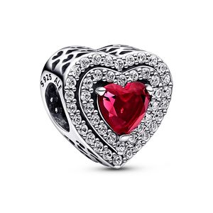 Pandora Charm Levelled Heart 799218C02 Silber 925 roter Kristall klare Zirkonia