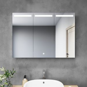 SONNI 90x65x13cm 3-türig Edelstahl Bad Spiegelschrank mit Touch-Schalter LED Beleuchtung mit Rasiersteckdose