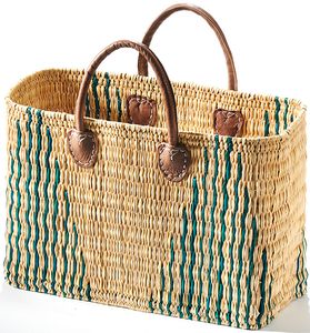 Kobolo Bag Seagrass Bag Basket Bag- STRIPES - Leather Handle - Green Pattern