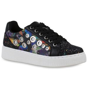 Mytrendshoe Damen Plateau Sneaker Glitzer Freizeit Schuhe Prints Turnschuhe 822913, Farbe: Schwarz, Größe: 38