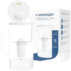 Wessper D2 Borosilikatglas-Filterkanne FutureFlow 3,3 l | Wessper Wasserfilterkanne 3,3 l Wasserfiltersystem zur Reduzierung von Kalk, Chlor | Set aus 1 Wasserfilterkanne + Weiß Wasserfilterkartusche