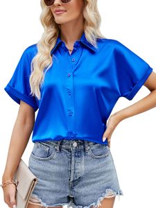 Damen Blusen Satin Shirts Lässig Lose Revers Hals Elegant Sommershirt Kurzarm Tshirts Blau,Größe M