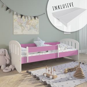 Kinderbett 180x80 mit Matratze, Rausfallschutz & Lattenrost in pink 80 x 180 Mädchen Jungen Bett Skandi