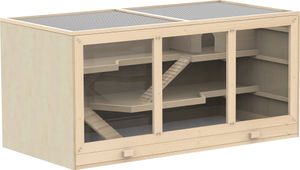 PawHut Hamsterkäfig Nagerkäfig Kleintierstall aus Holz Mäusekäfig mit Treppen Kleintierkäfig Nagervilla Dreistöckig PVC Naturholz 115 x 57 x 55 cm