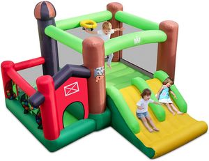 GOPLUS Aufblasbare Hüpfburg, Spielburg für Kinder mit Bällebad, Basketball, Rutsche & Sprungbereich für drinnen & draußen