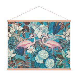 Stoffbild Kakemono mit Posterleisten Holz Natur Blumen Bunt Vogel Flamingo Blume, Größe: 77 x 77 cm