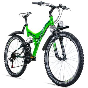 Bergsteiger Memphis 26 Zoll Mountainbike, geeignet ab 150 cm, Dynamo-Licht, StVZO, Shimano 21 Gang-Schaltung, Vollfederung, Jungen-Fahrrad & Herren-Fahrrad