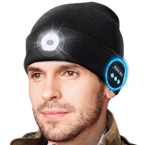 Bluetooth Mütze mit Licht Männer, Beanie Kappe mit Musik, mit Kopfhörer & Lautsprechern, LED Mütze zum Camping Laufen Wandern, Weihnachten Gadget Geschenk