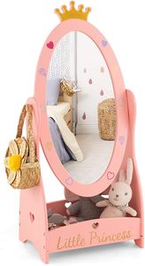 Kinder freistehender Standspiegel mit Ablage und seitlichen Haken, Kinder-Kosmetikspiegel aus Holz, 360° drehbarerer Kinderspiegel für Kinder ab 3 Jahren für Kinderzimmer