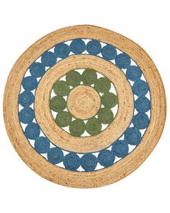 BELIANI Teppich Blau und Grün Rund 140 cm Rustikaler Boho Spirale Geflochtene Handgefertigt Natur Jute Schlafzimmer Wohnzimmer