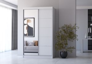 Šatní skříň s posuvnými dveřmi Šatní skříň s posuvnými dveřmi 120 cm (bílá/bílá)+zrcadlo Neomi 05