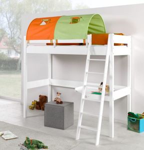 Hochbett RENATE Multifunktionsbett mit Schreibtisch Bett Weiß Stoffset Grün/Orange