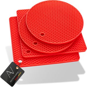 AVANA Silikon Untersetzer (4er Set) Premium Topfuntersetzer Multifunktional Hitzebeständig Topflappen Spülmaschinenfest rutschfest Wabenmuster (2 Rund, 2 Viereckig) - Rot