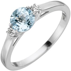JOBO Damen Ring 54mm 585 Weißgold 1 Aquamarin hellblau blau 2 Diamanten Brillanten