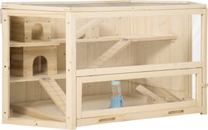 PawHut 3 Etagen Nagerkäfig, 6-eckig Kleintierkäfig, Kleintierhaus aus Holz, Mäusekäfig, Hamsterkäfig mit klappbarem Deckel, Sichtfenster, Rampe, 115 x 60 x 55 cm Naturholz