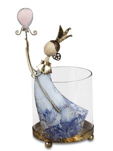 Windlicht Prinzessin mit Krone Ballon und Blumenkleid Blautöne | Metall Figur | 23x12 cm