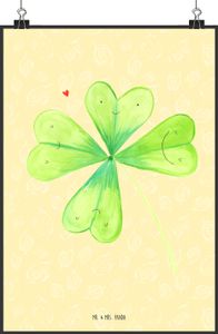 Mr. & Mrs. Panda Poster Blume Kleeblatt DIN A2 - Gelb Pastell - Geschenk, Blumen Deko, Blumen, Glücksbringer, Sommer Deko, Wanddekoration, Posterdruck, Neuanfang