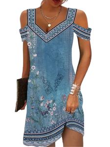 Damen Kurzärmelig Sommer Strand Sunddress Kurzkleider Bohemian Cold Schulter Mini Kleid Hellblau,Größe Xl