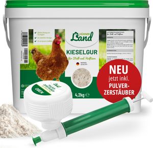 HÜHNER Land Kieselgur für Hühner 4,2kg INKLUSIVE Profi Zerstäuber - Reines Kieselgur Hühner Pulver, Kieselerde Pulver, Naturprodukt für Hühnerstall, Labor für Geflügel Betriebe