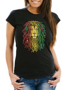 Damen T-Shirt Löwe Jamaica Reaggae Musik Rasta Lion Fashion Streetstyle Slim Fit Neverless® schwarz M