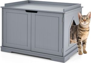 COSTWAY domček pre mačky mačacia jaskyňa s posteľou, uzavretá schránka na odpadky s vchodom, drevená konštrukcia boxu pre domáce zvieratá, veľká skrinka na odpadky pre mačky psy domáce zvieratá (sivá)