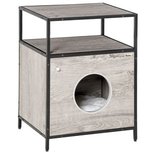 Pawhut Cat Cave Cat Bed Cat House with Door Open Shelf Cat Chest Side Table Chipboard Plush Grey+Black 48 x 40 x 65,5 cm