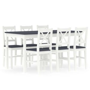 7-tlg. Esstisch mit 6 Stühlen | Esszimmer Set | Essgruppe für 6 Personen | Sitzgruppe mit Tisch | Kiefernholz Weiß und Grau Gute Qualität @3652
