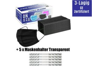 50 Stück Mundschutz Schwarz Maske Einweg 3-lagig CE Hygienemaske inkl. 5x Maskenhalter