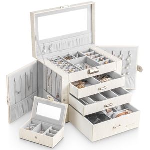 Yorbay 2in1 Schmuckkästchen,abschließbar mit Spiegel, 3 Schubladen und herausnehmbarer Mini-Box, Seelux Serie Schmuckkasten für Halsketten, Armbanduhren, Ringe, Armbänder, Ohrringe, weiß