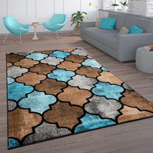 Teppich Wohnzimmer Vintage Kurzflor Marokkanische Muster Raute Türkis Braun Grösse 60x100 cm
