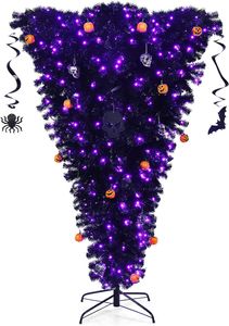 COSTWAY 180cm Weihnachtsbaum mit 270 lila Leuchten und Dekorationen, Tannenbaum Kopfüber für Halloween schwarz